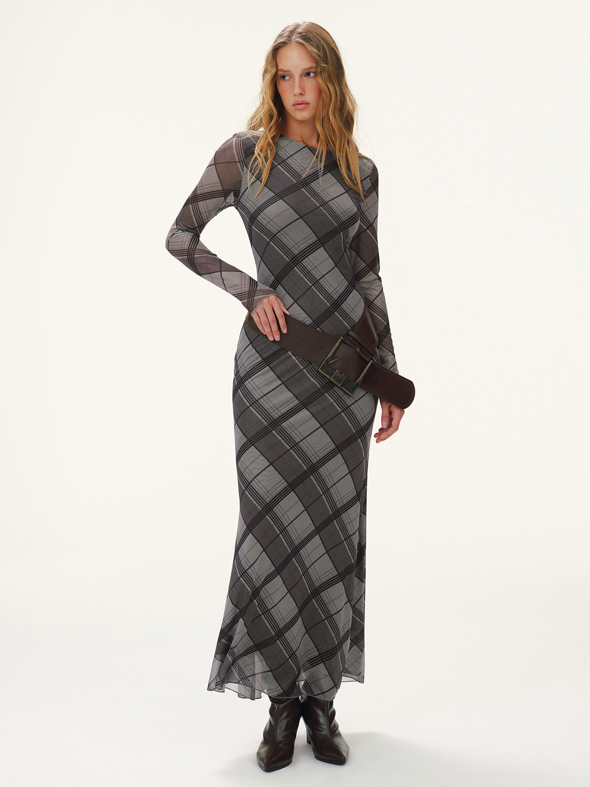 Plaid Mesh Long Sleeve Maxi Dress without Belt-Chicvia