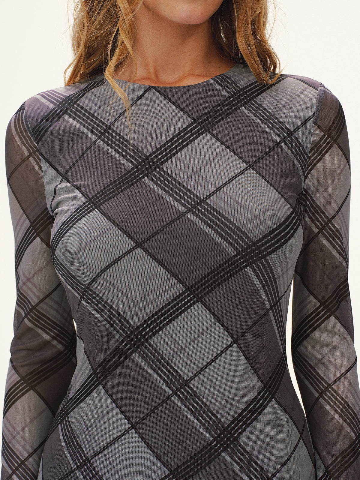 Plaid Mesh Long Sleeve Maxi Dress without Belt-Chicvia