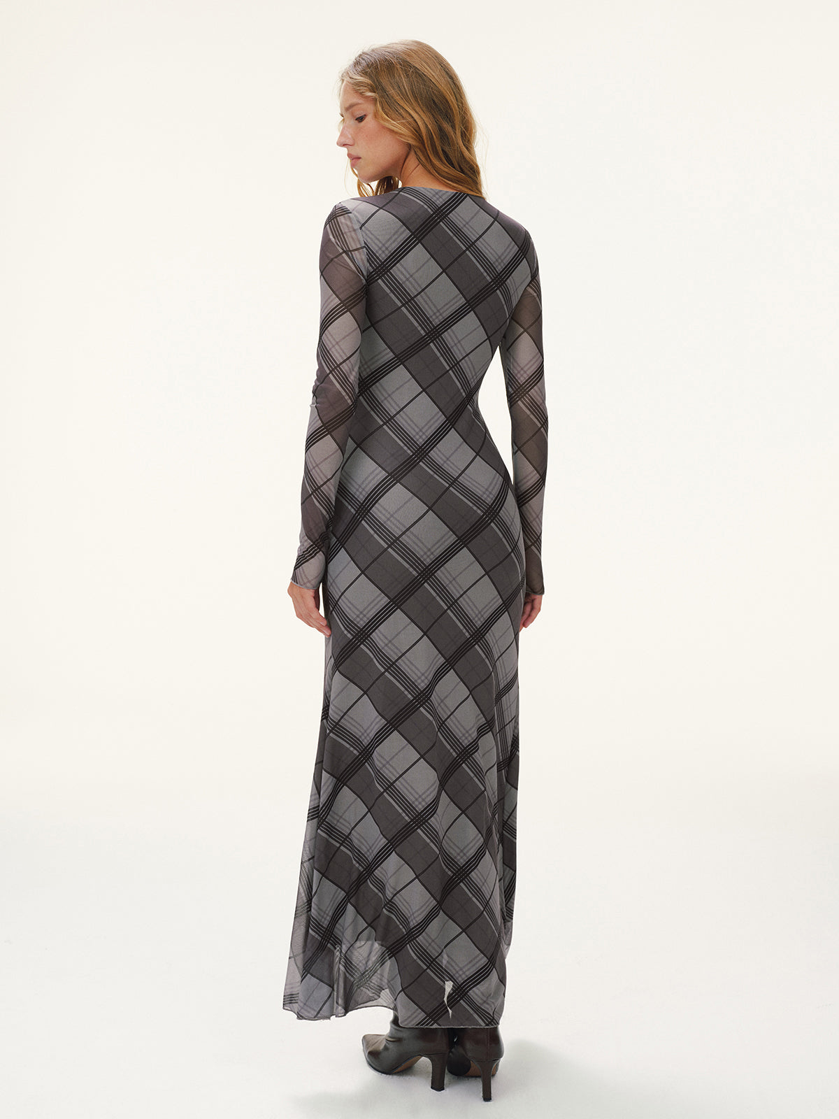 Plaid Mesh Long Sleeve Maxi Dress without Belt-Chicvia