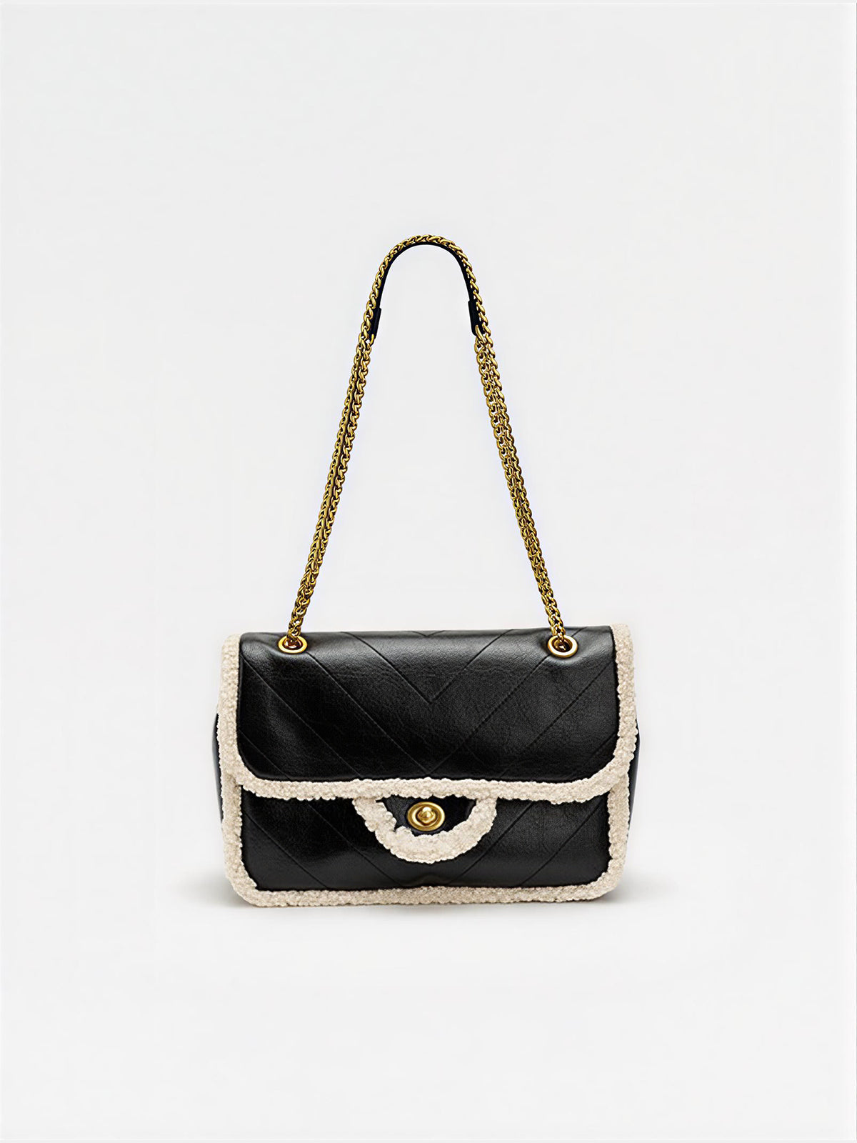 Chain Strap Shearling Trim Shoulder Bag-Chicvia