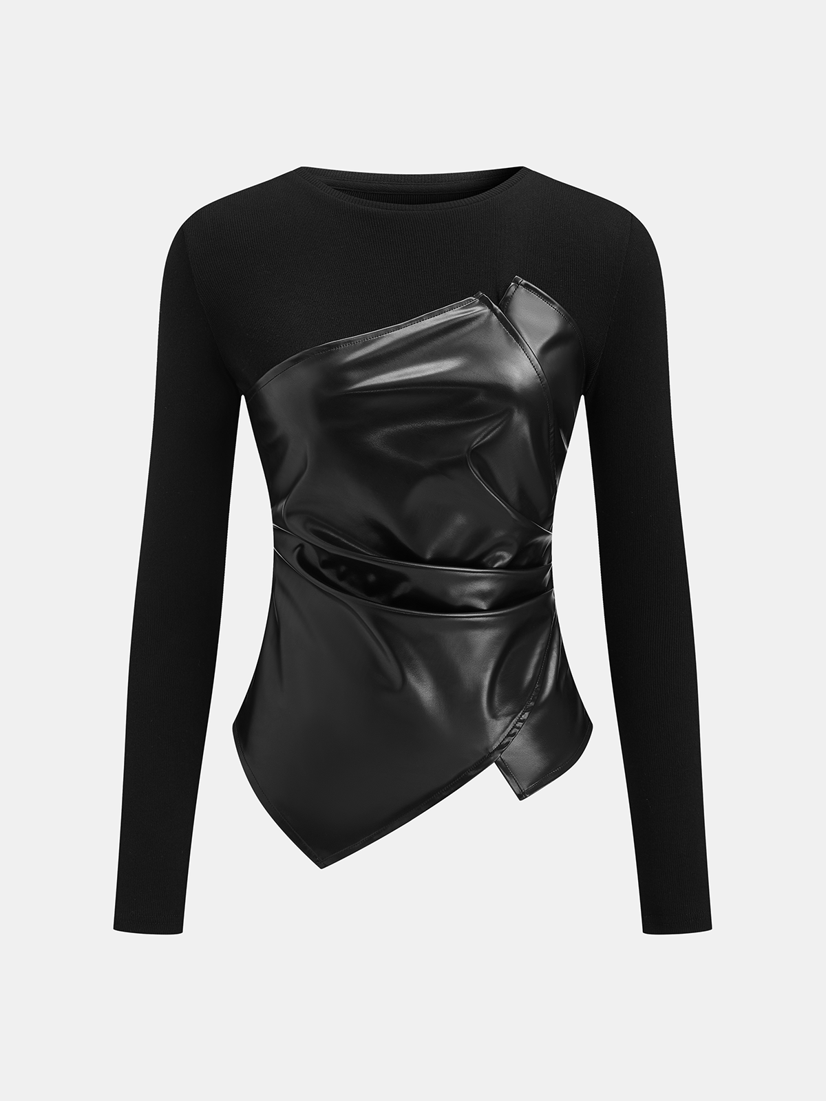 Faux Leather Panel Asymmetric Knit Top-Chicvia