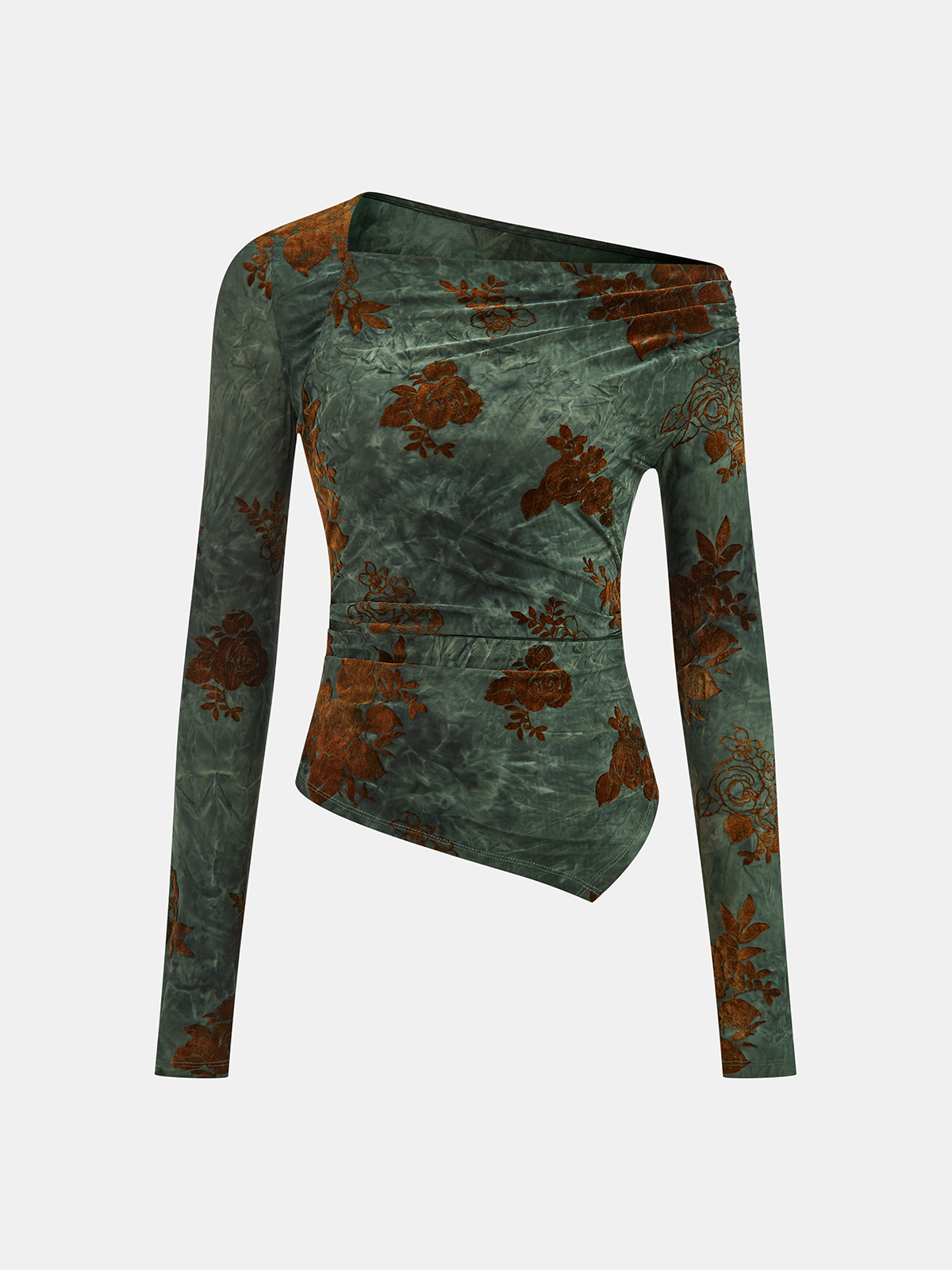 Floral Asymmetric Ruffle Long Sleeve Top-Chicvia