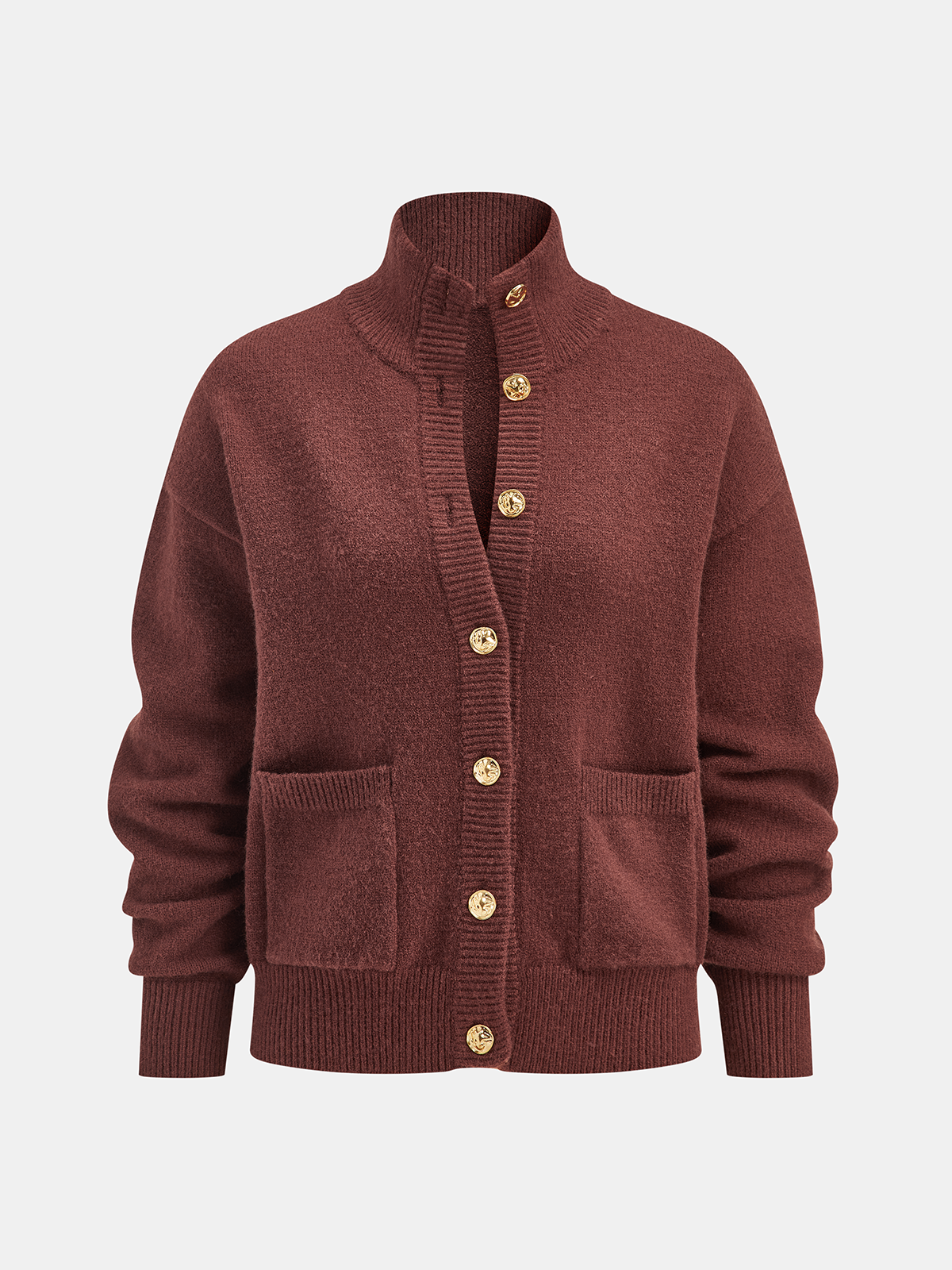 Metal Button Stand Collar Knit Cardigan-Chicvia