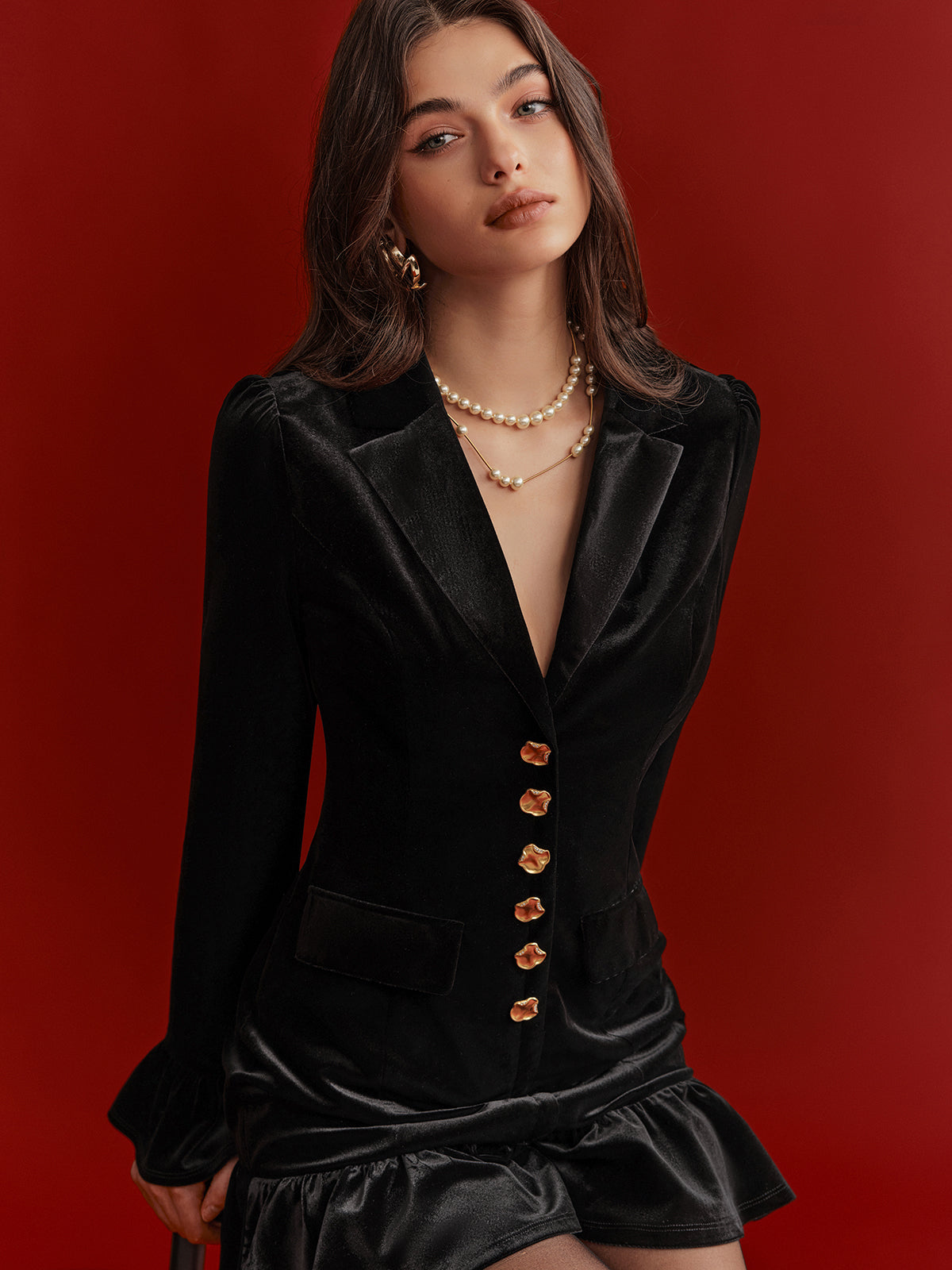 Metal Button Ruffled Hem Velvet Blazer Dress-Chicvia