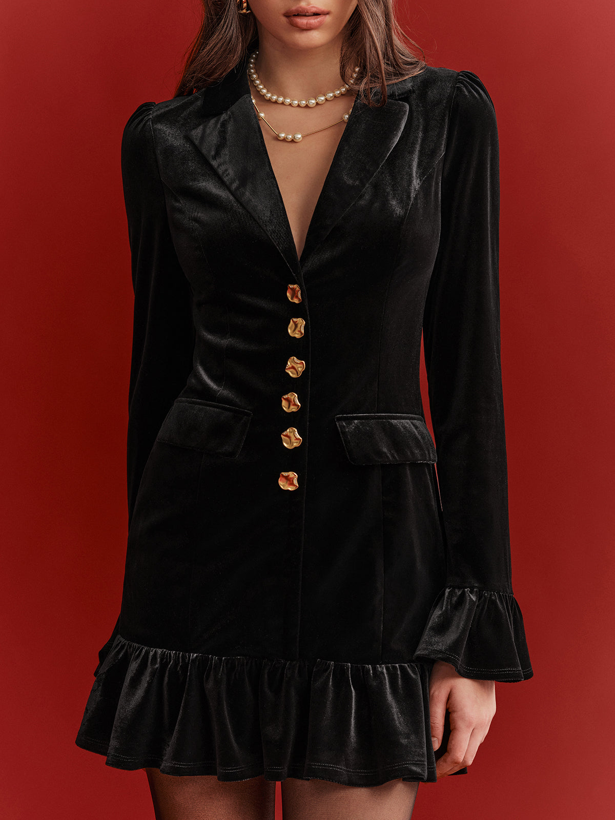 Metal Button Ruffled Hem Velvet Blazer Dress-Chicvia
