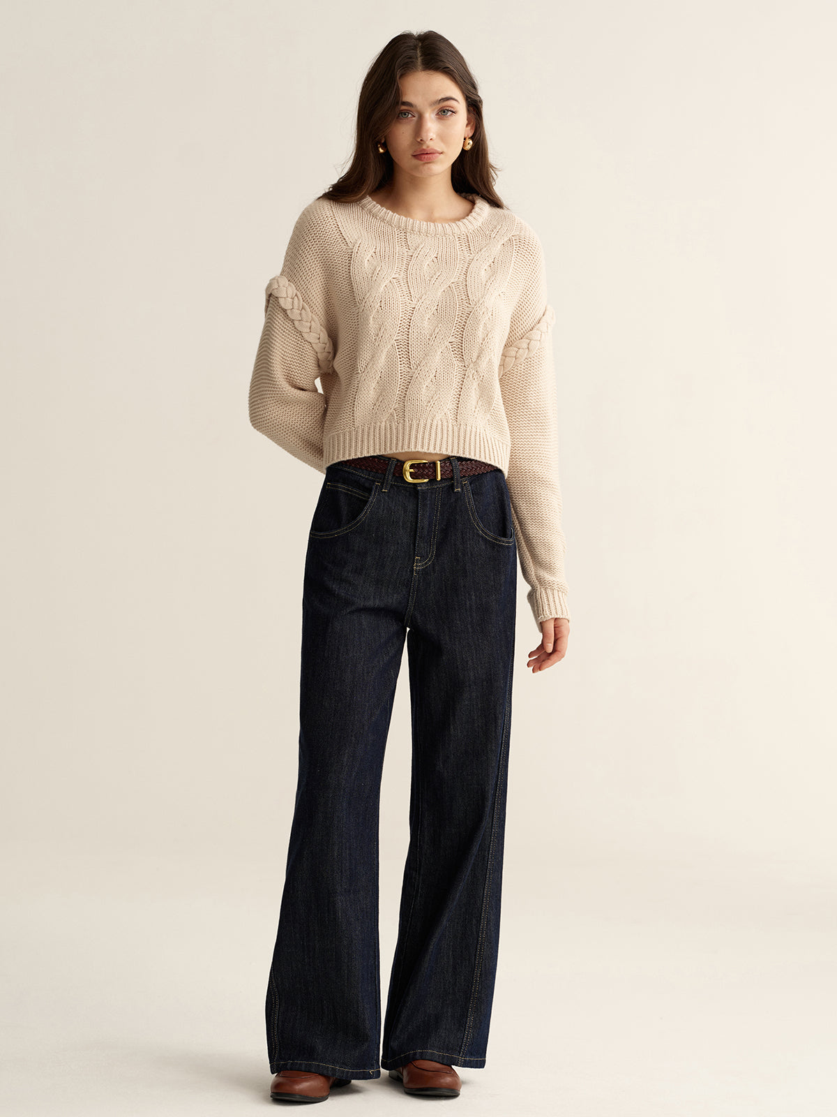 Crew Neck Cable Knit Sweater-Chicvia