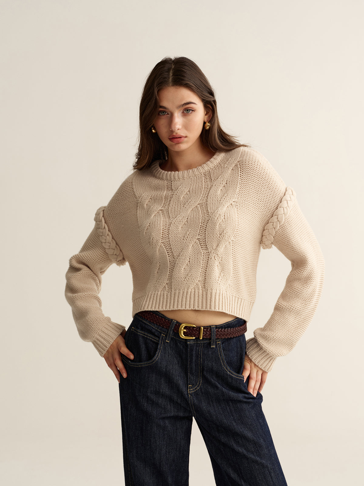 Crew Neck Cable Knit Sweater-Chicvia