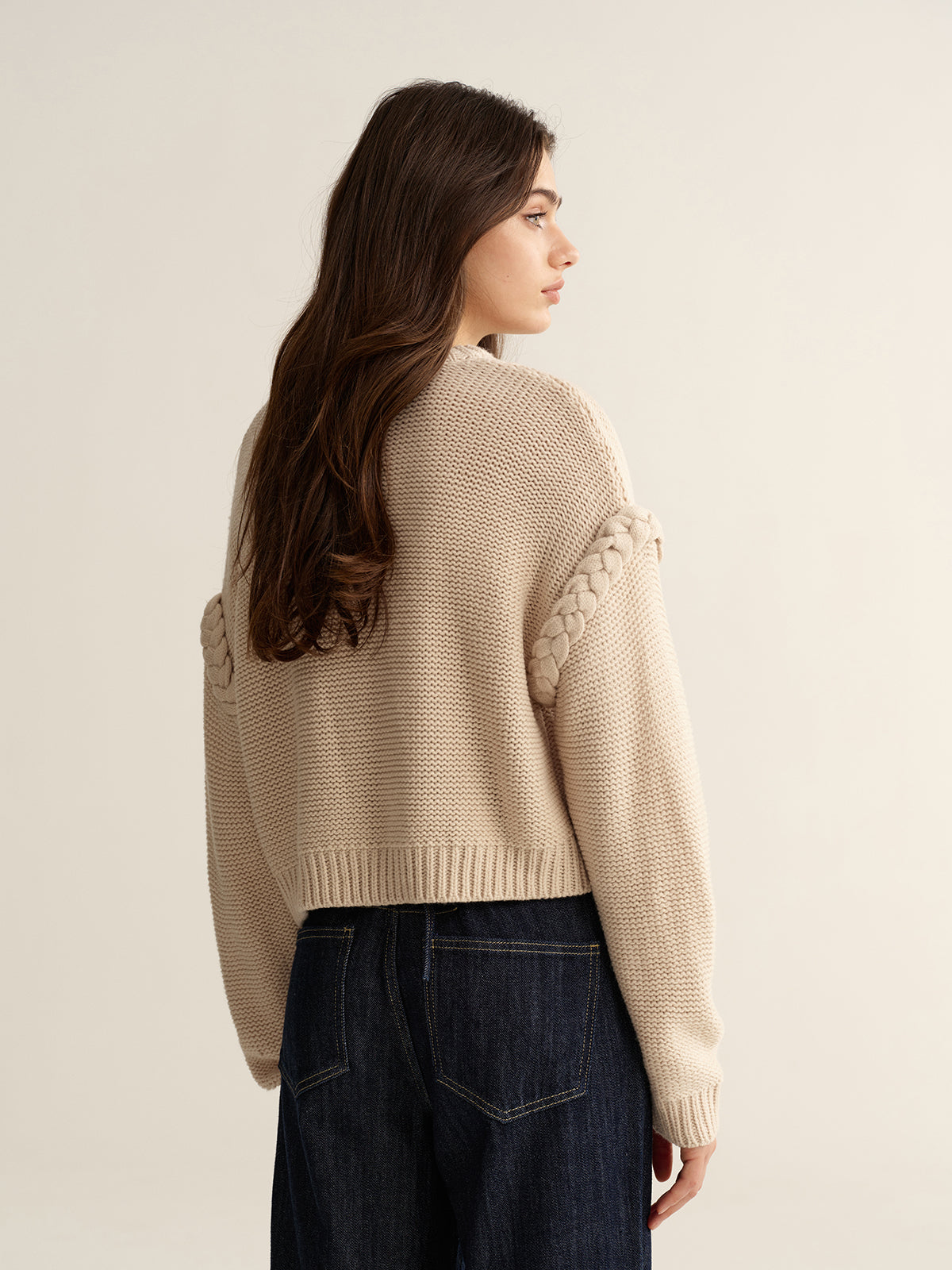 Crew Neck Cable Knit Sweater-Chicvia