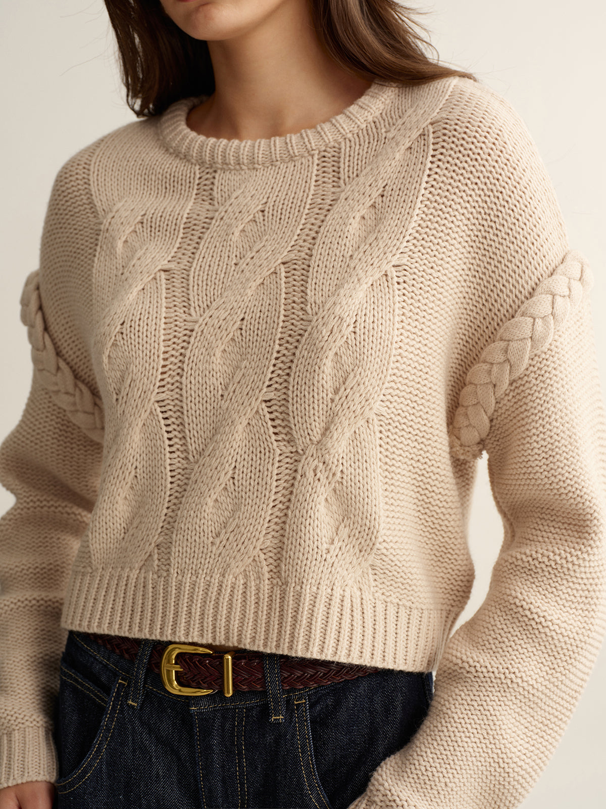 Crew Neck Cable Knit Sweater-Chicvia