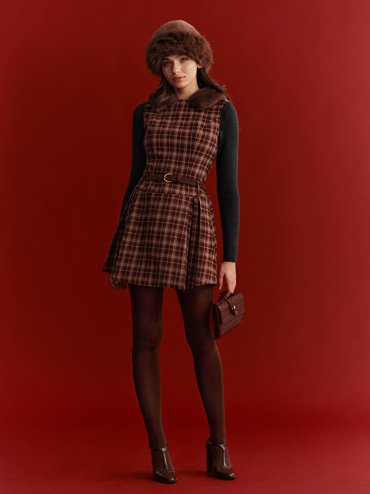 Belted Plaid Sleeveless Mini Dress-Chicvia