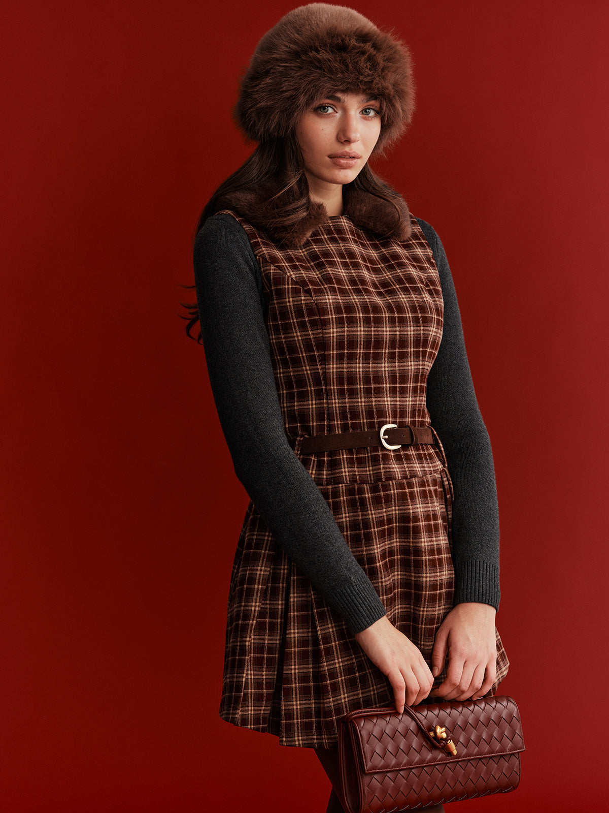 Belted Plaid Sleeveless Mini Dress-Chicvia