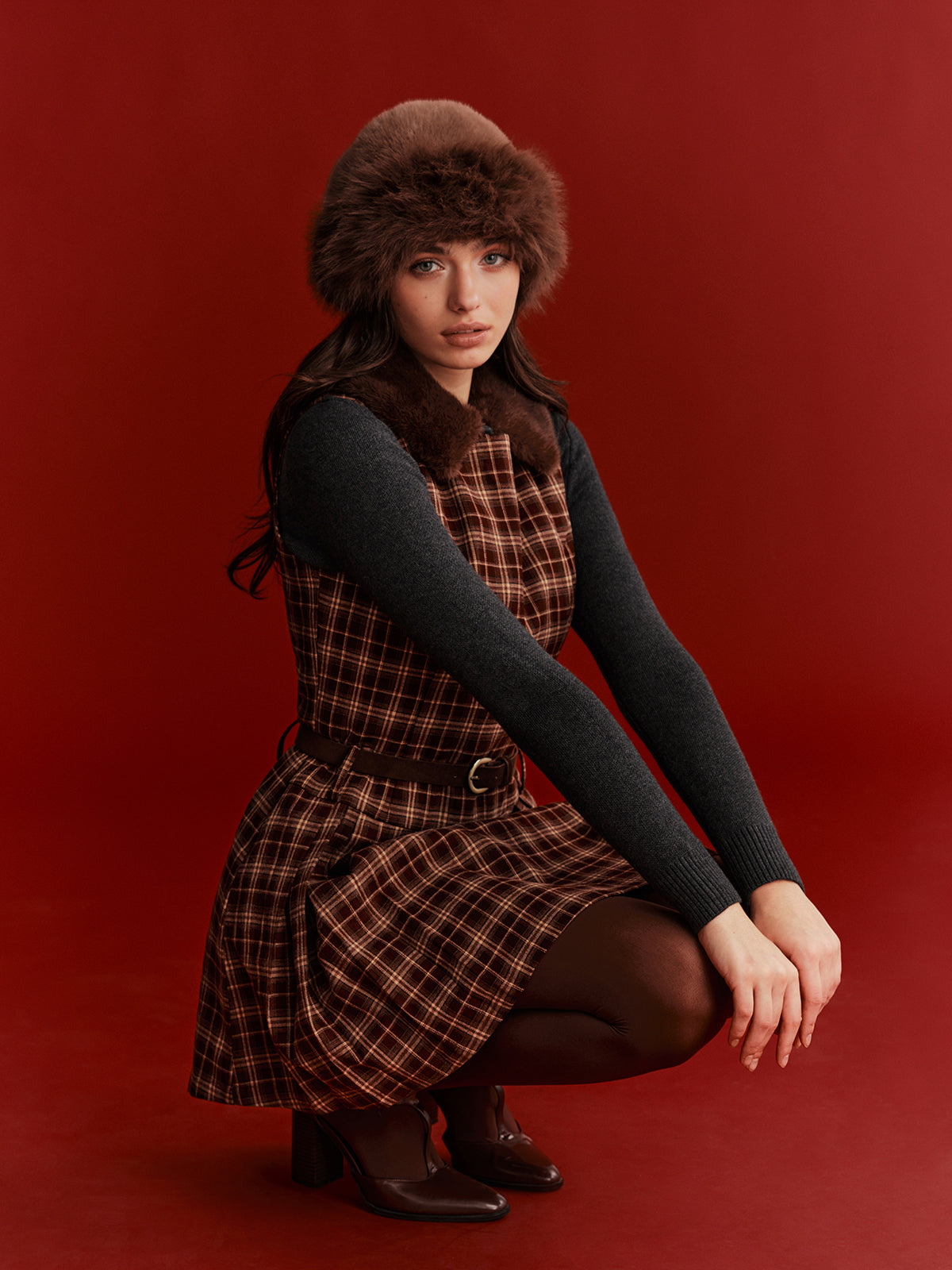 Belted Plaid Sleeveless Mini Dress-Chicvia