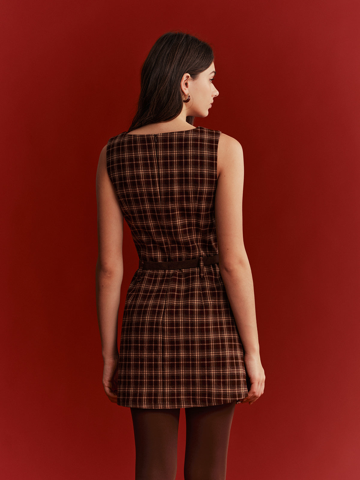 Belted Plaid Sleeveless Mini Dress-Chicvia