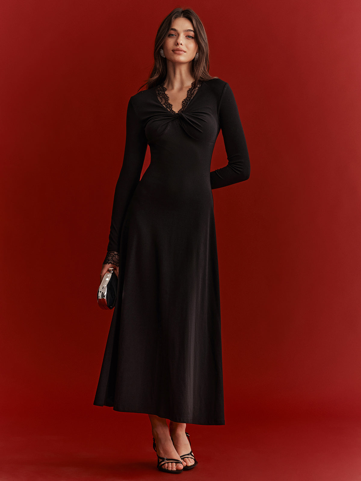 Lace Trim Twist Maxi Dress-Chicvia