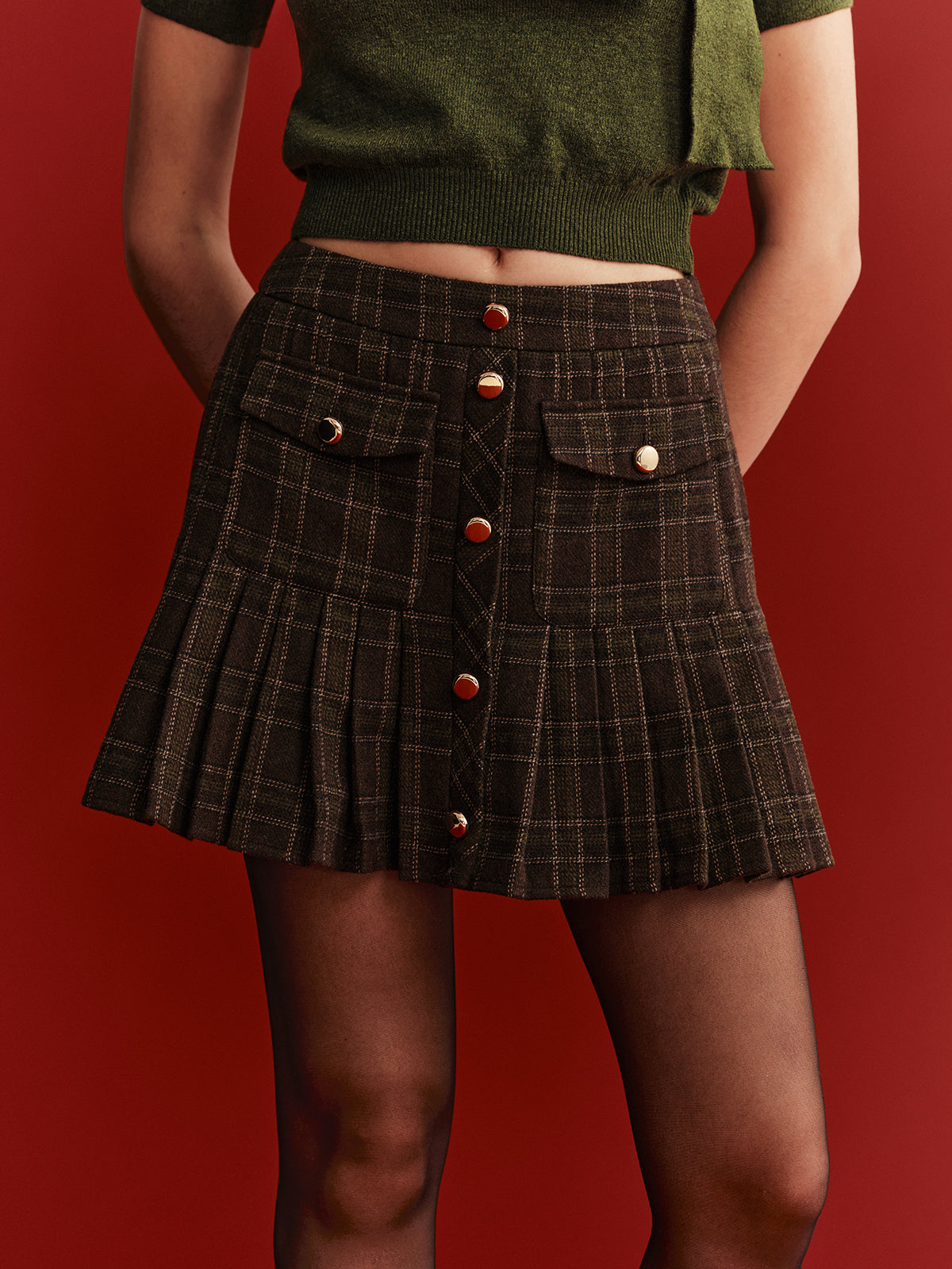 Plaid Wool-Blend Mini Skirt-Chicvia