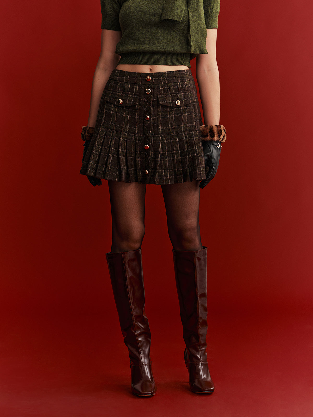 Plaid Wool-Blend Mini Skirt-Chicvia