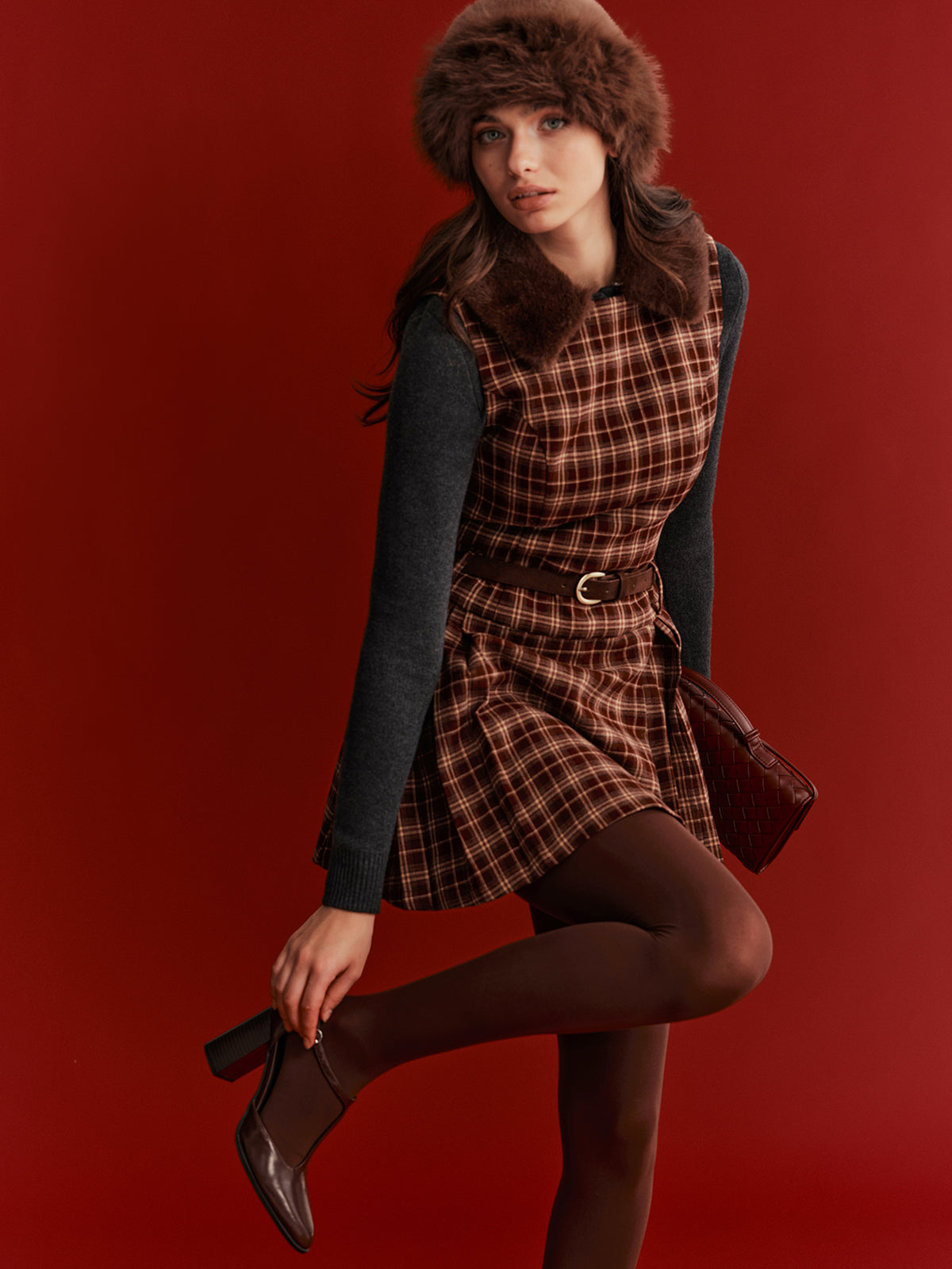 Belted Plaid Sleeveless Mini Dress-Chicvia