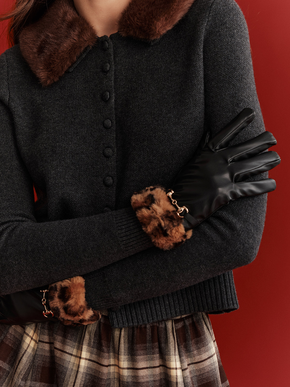 Faux Fur Collar Wool-Blend Cardigan-Chicvia