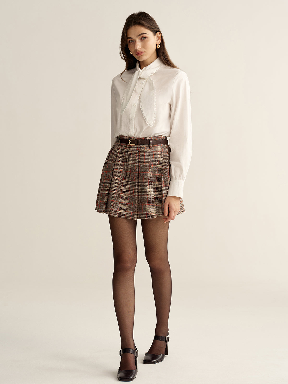 Belted Plaid Tweed Mini Skirt-Chicvia