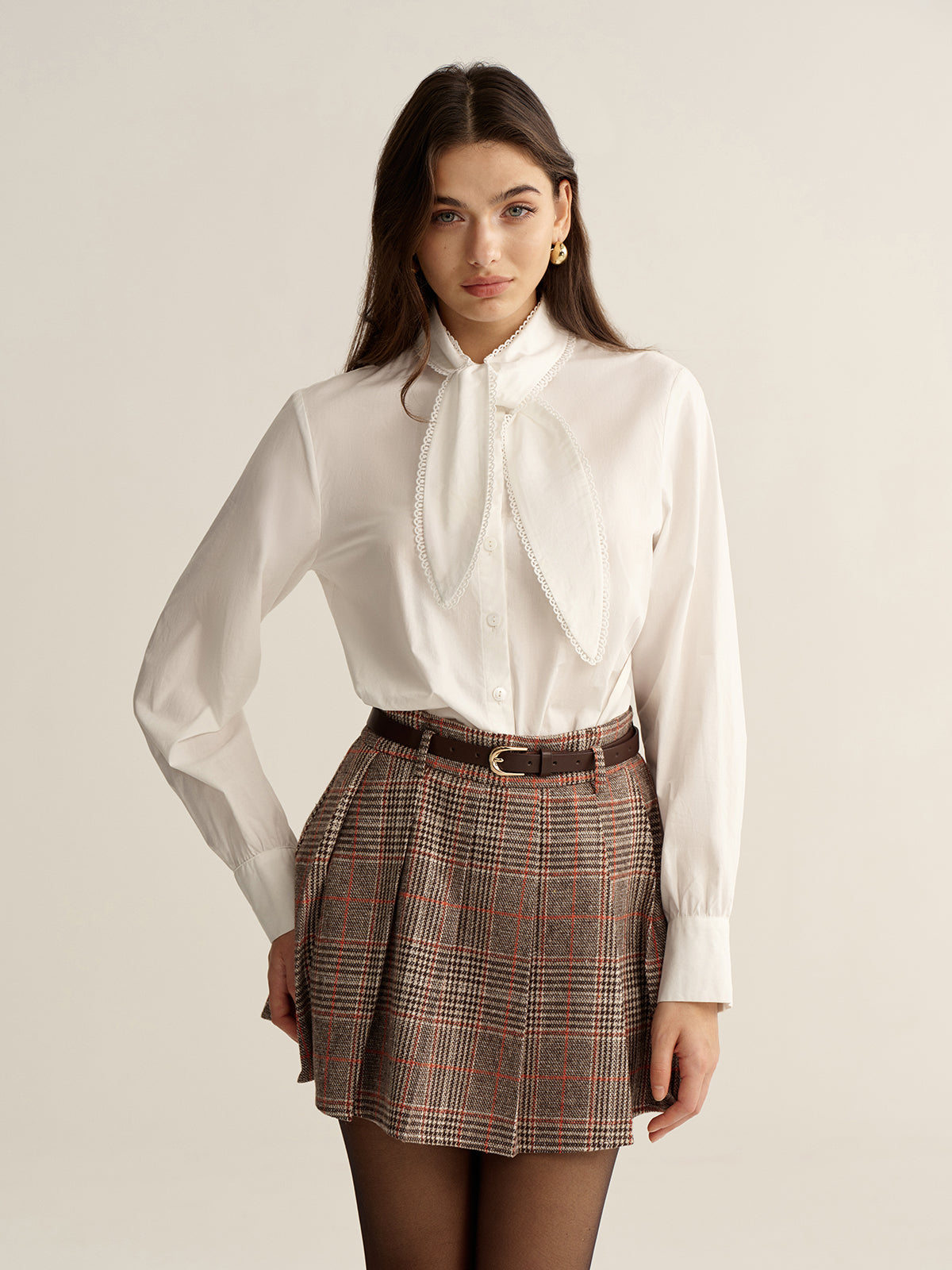 Lace-Trim Tie Neck Cotton Blouse-Chicvia