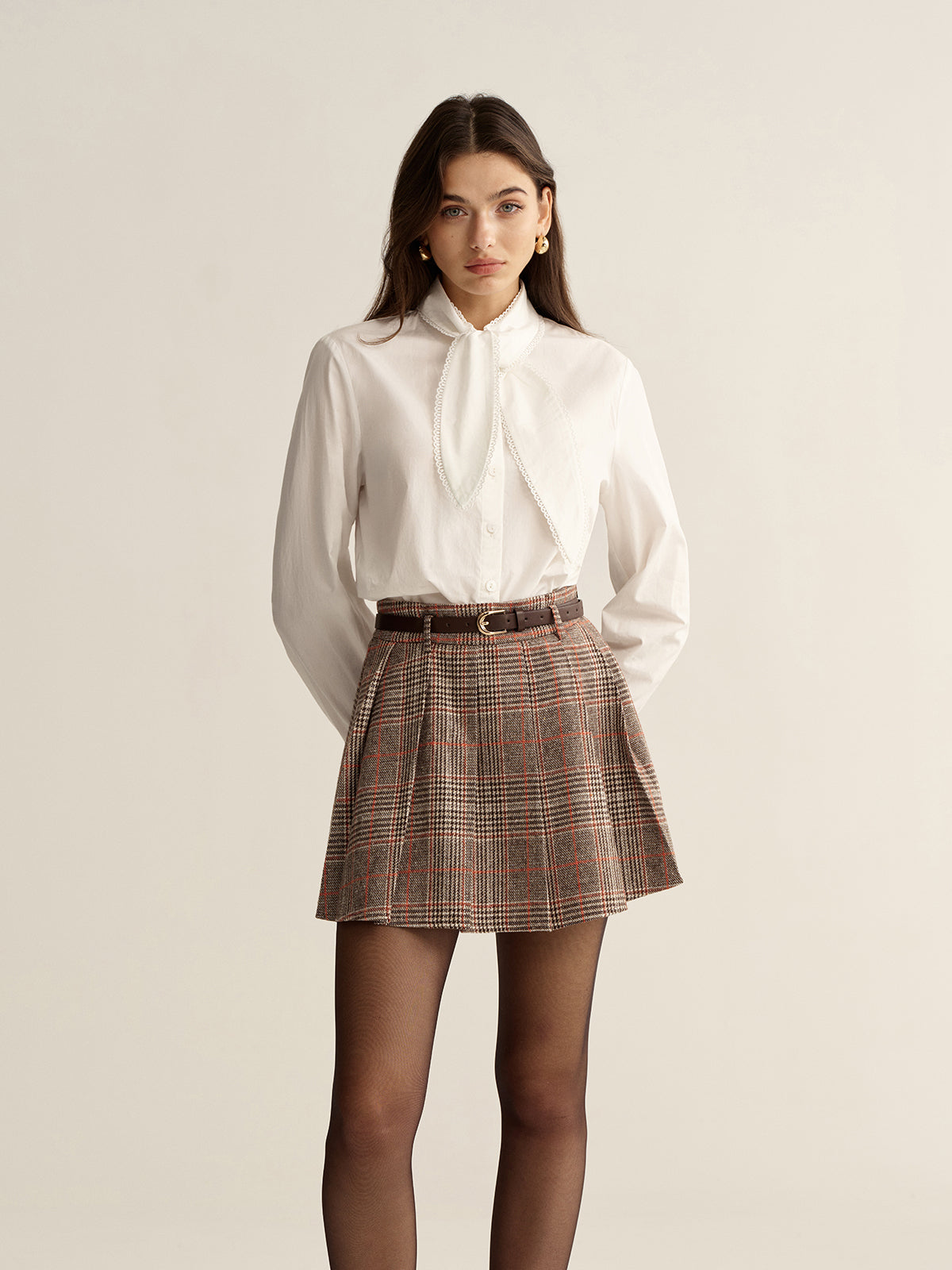 Lace-Trim Tie Neck Cotton Blouse-Chicvia