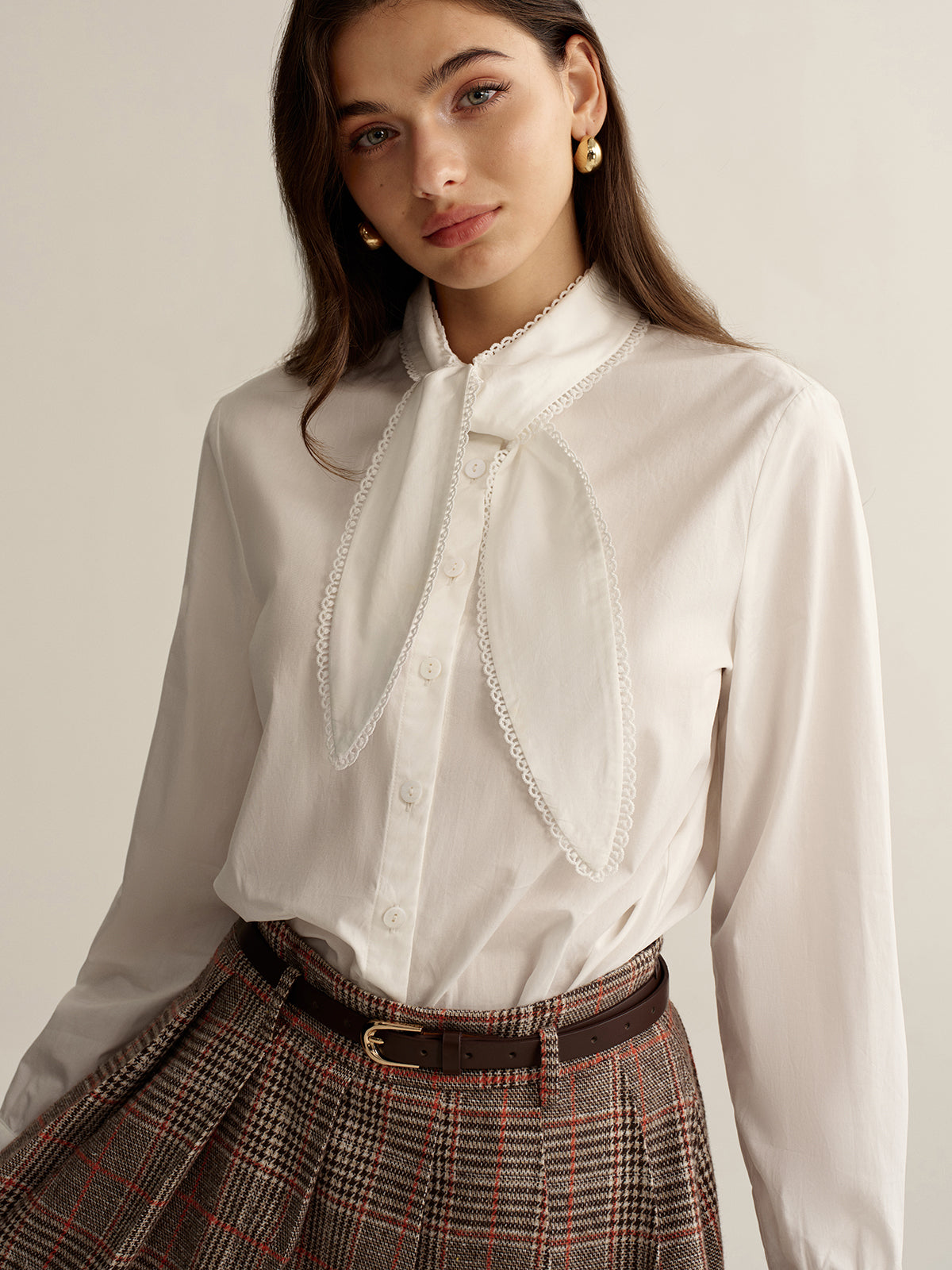 Lace-Trim Tie Neck Cotton Blouse-Chicvia