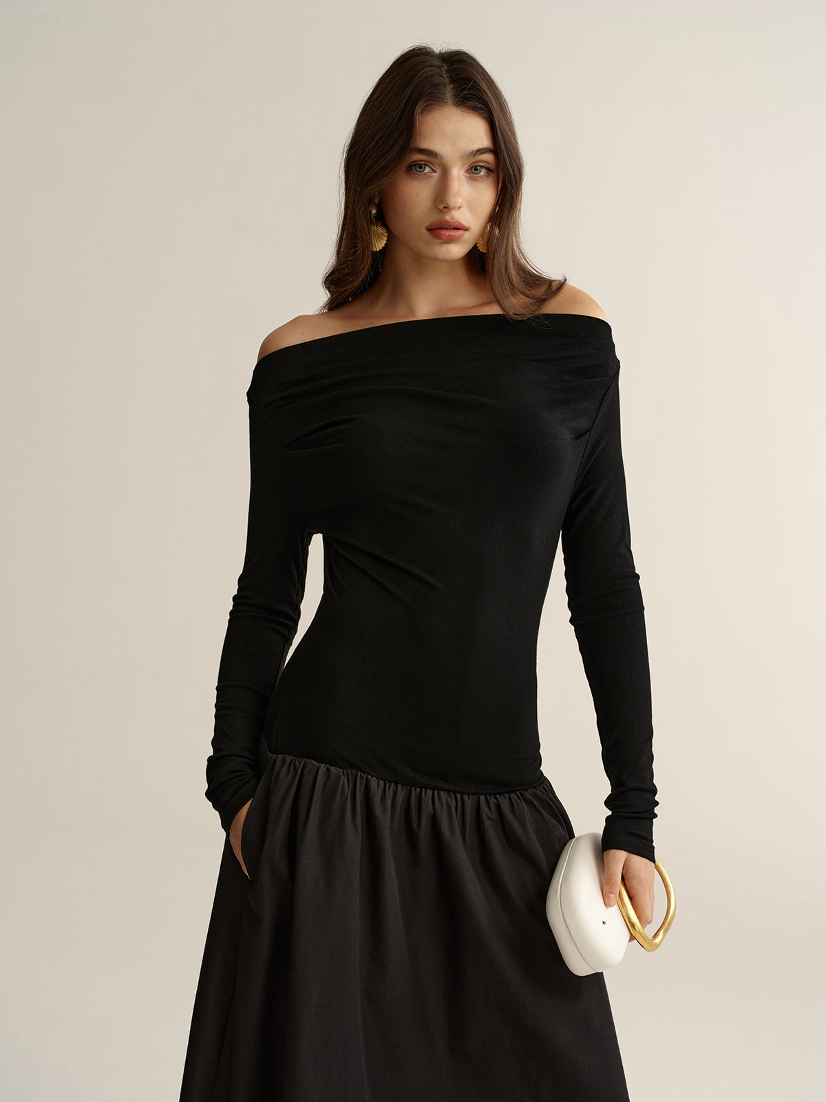 Off-Shoulder Long-Sleeve Maxi Dress-Chicvia