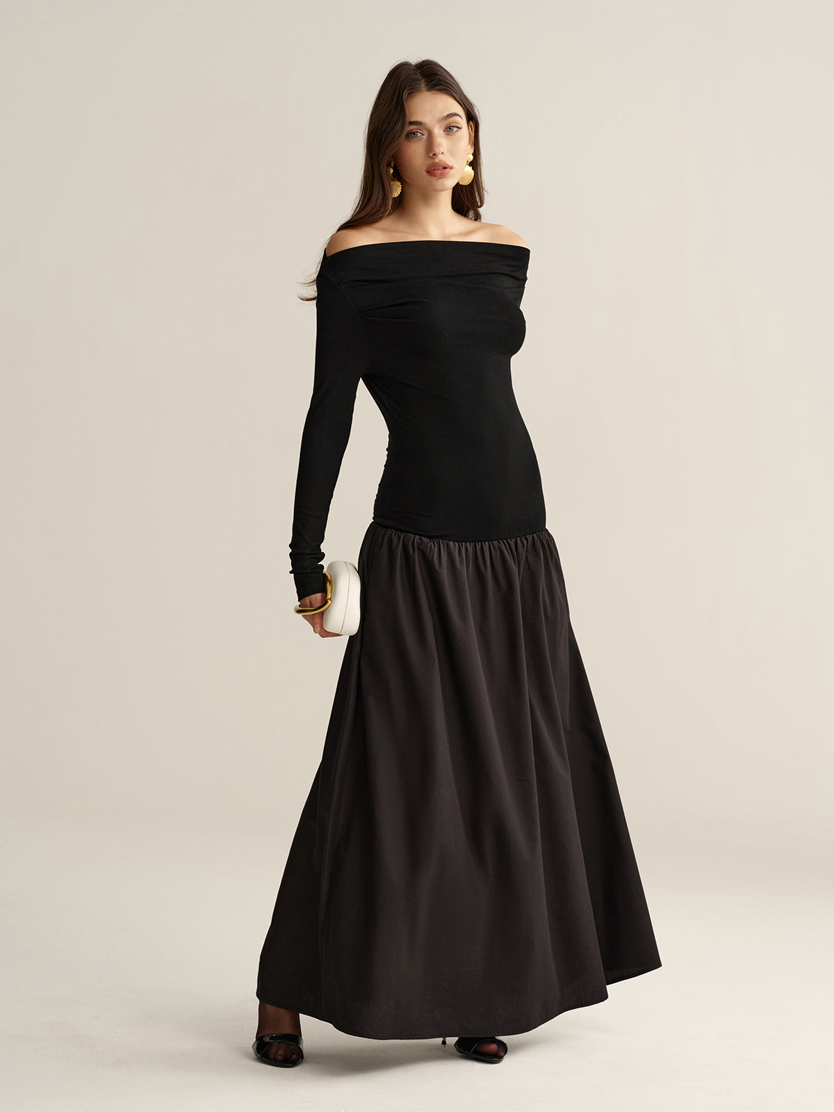 Off-Shoulder Long-Sleeve Maxi Dress-Chicvia
