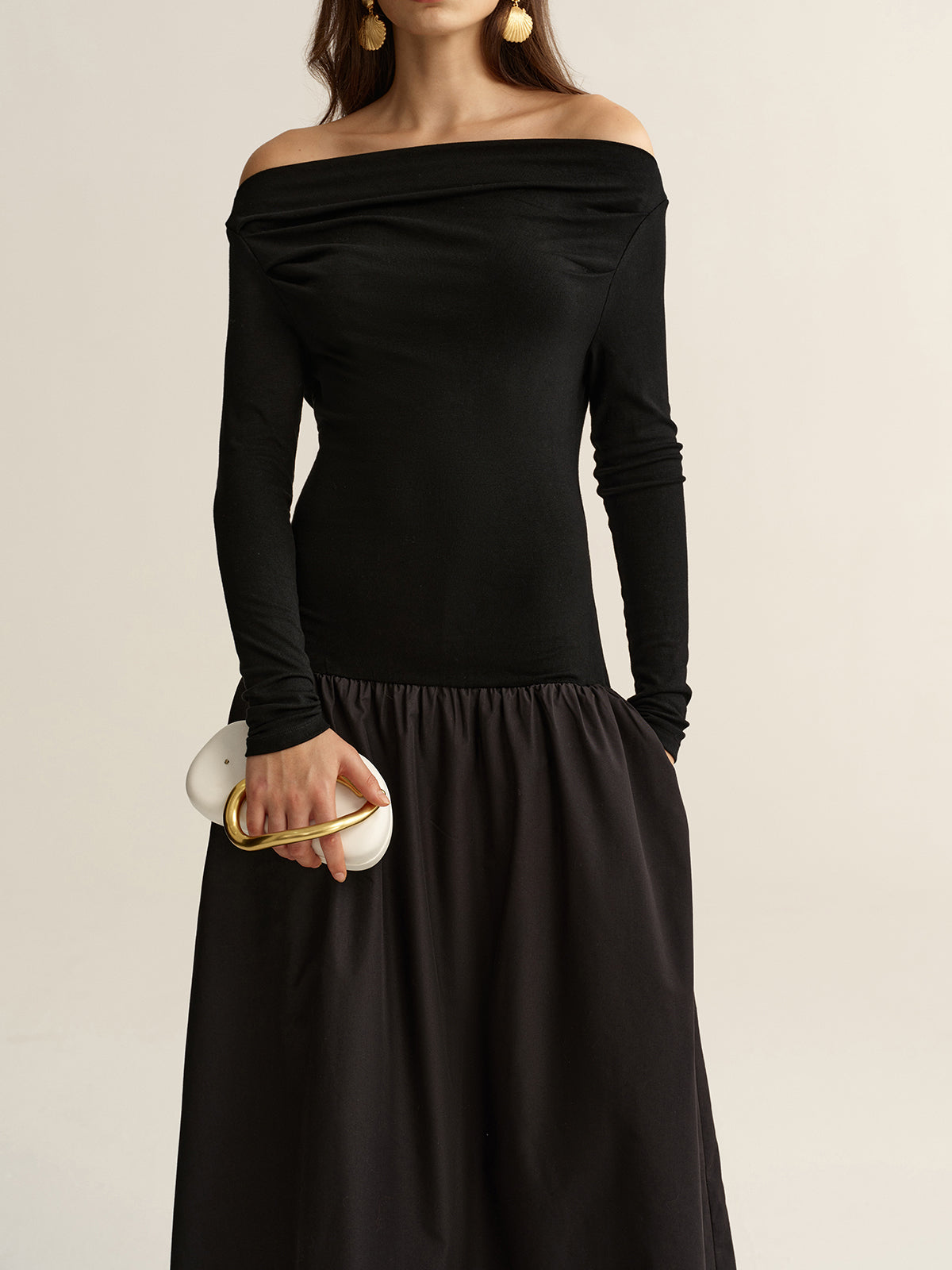 Off-Shoulder Long-Sleeve Maxi Dress-Chicvia