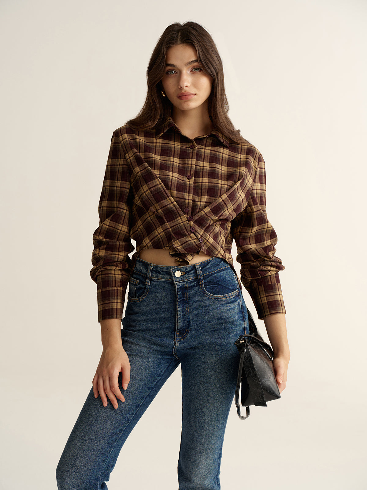 Knot Detail Button-Front Plaid Cropped Shirt-Chicvia