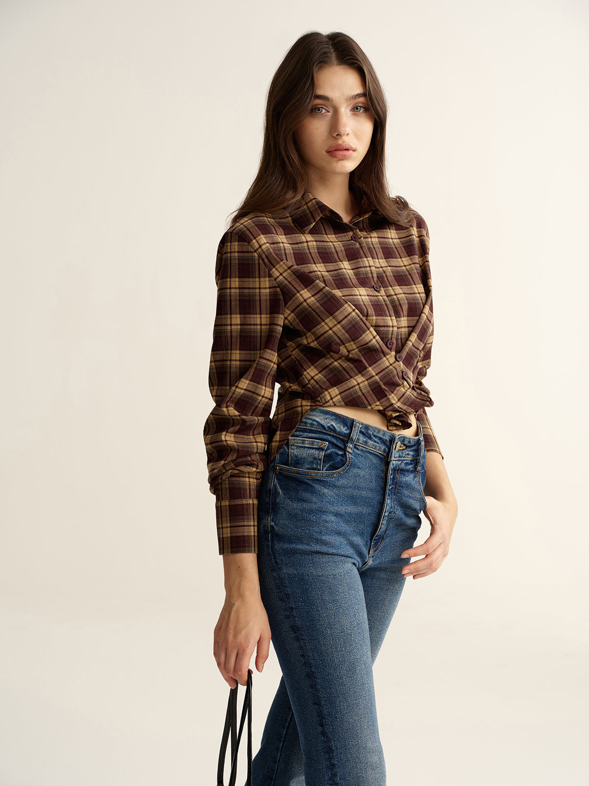 Knot Detail Button-Front Plaid Cropped Shirt-Chicvia