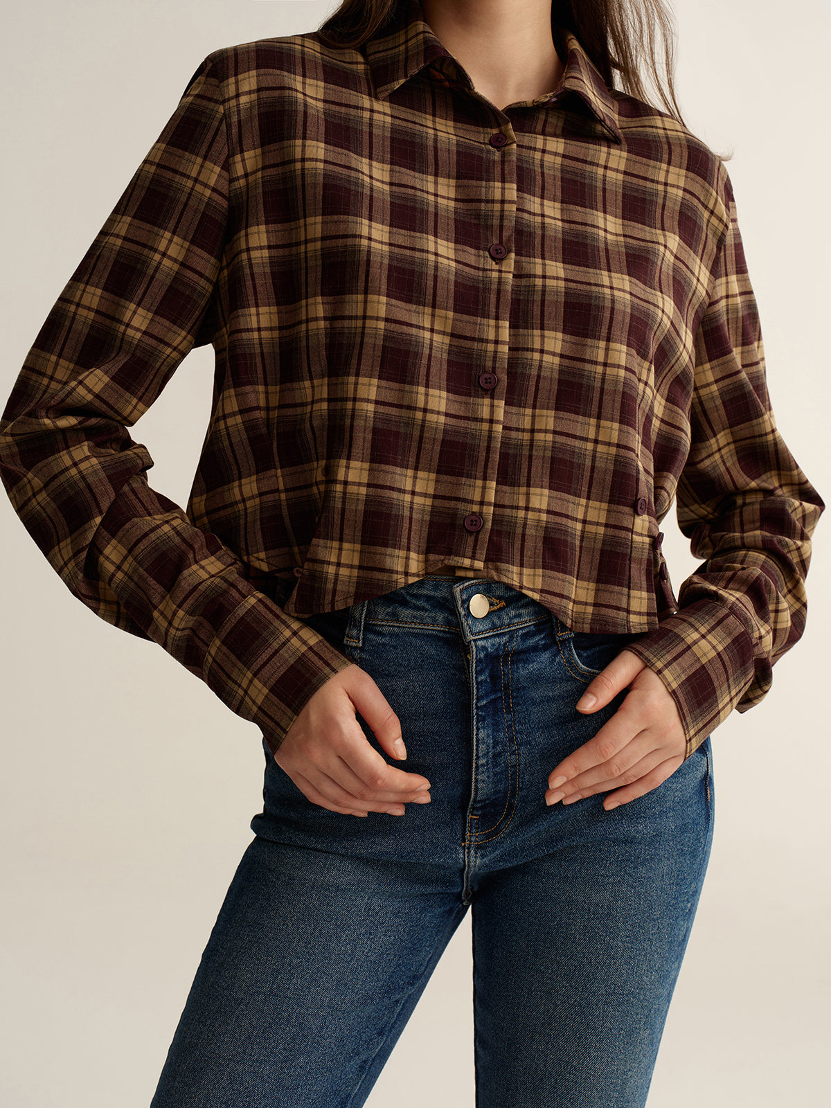 Knot Detail Button-Front Plaid Cropped Shirt-Chicvia