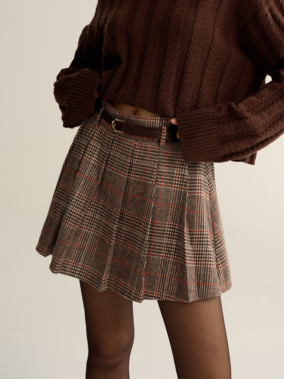 Belted Plaid Tweed Mini Skirt-Chicvia