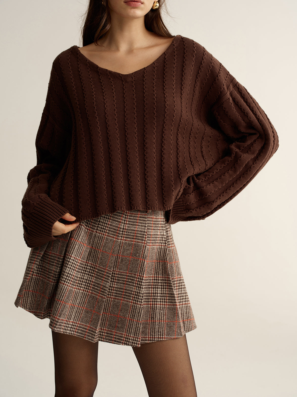 Belted Plaid Tweed Mini Skirt-Chicvia