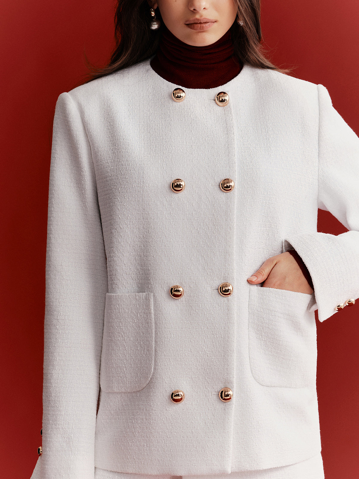 Metal Double-Breasted Tweed Blazer-Chicvia