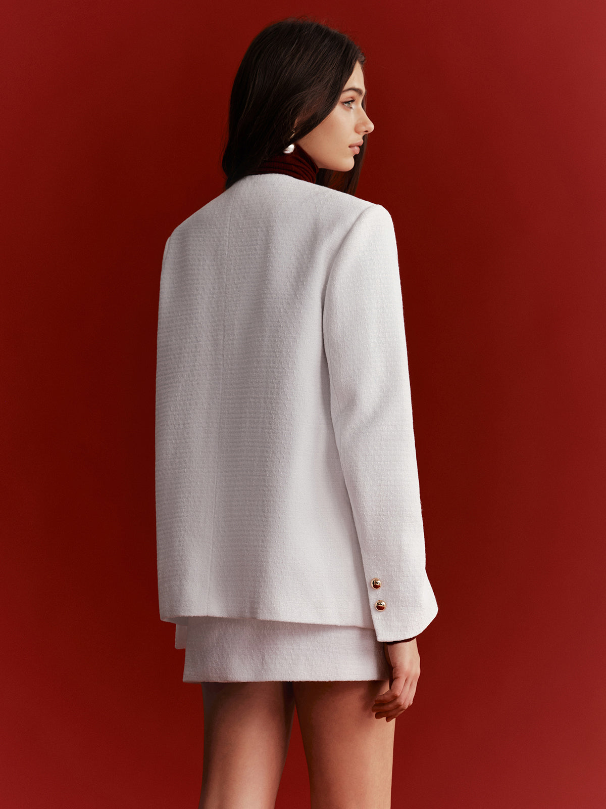 Metal Double-Breasted Tweed Blazer-Chicvia