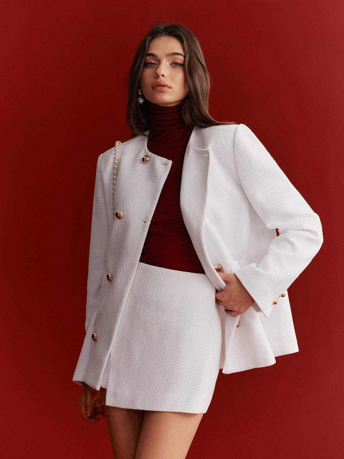 Metal Double-Breasted Tweed Blazer-Chicvia