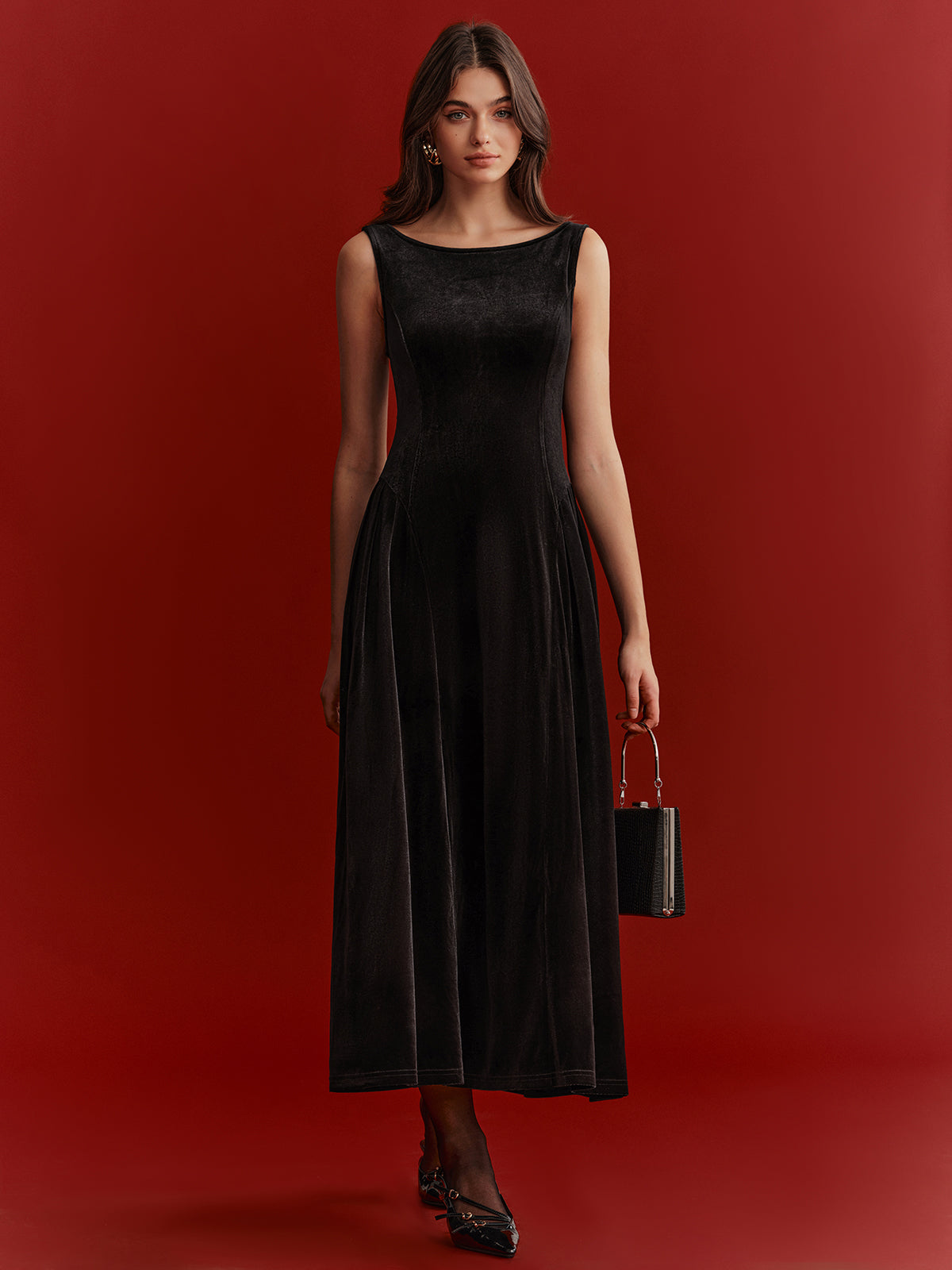 Mesh Back Bow Detail Velvet Maxi Dress-Chicvia