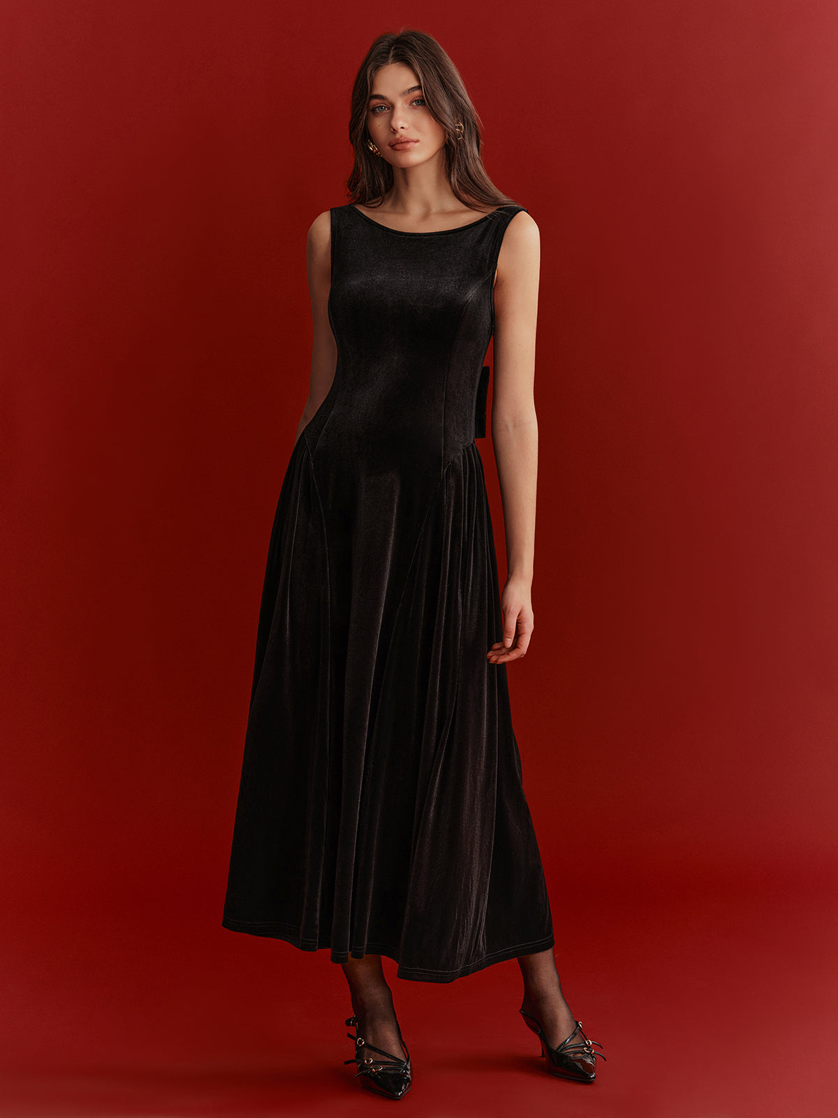 Mesh Back Bow Detail Velvet Maxi Dress-Chicvia