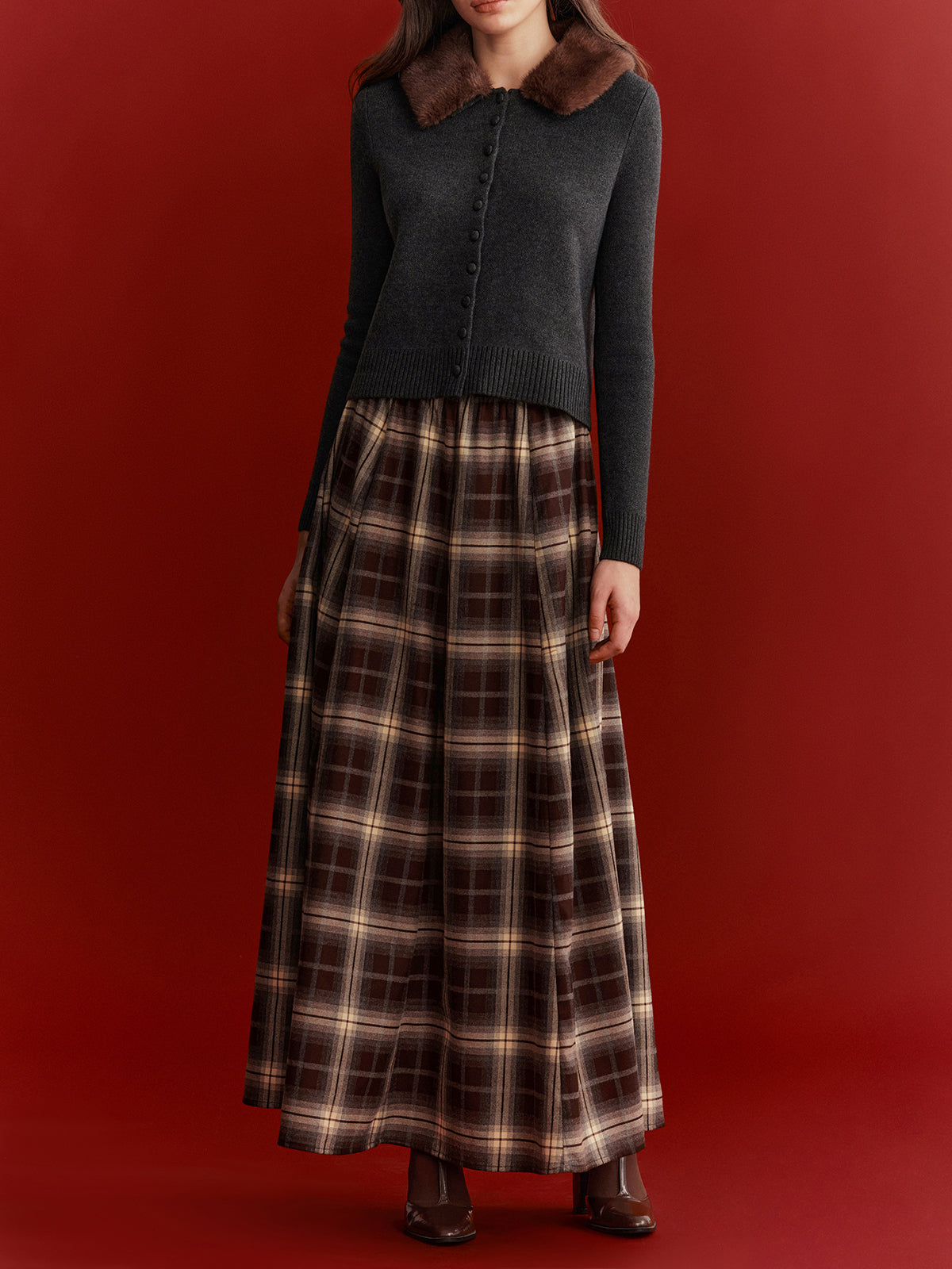 Plaid Flared Maxi Skirt-Chicvia