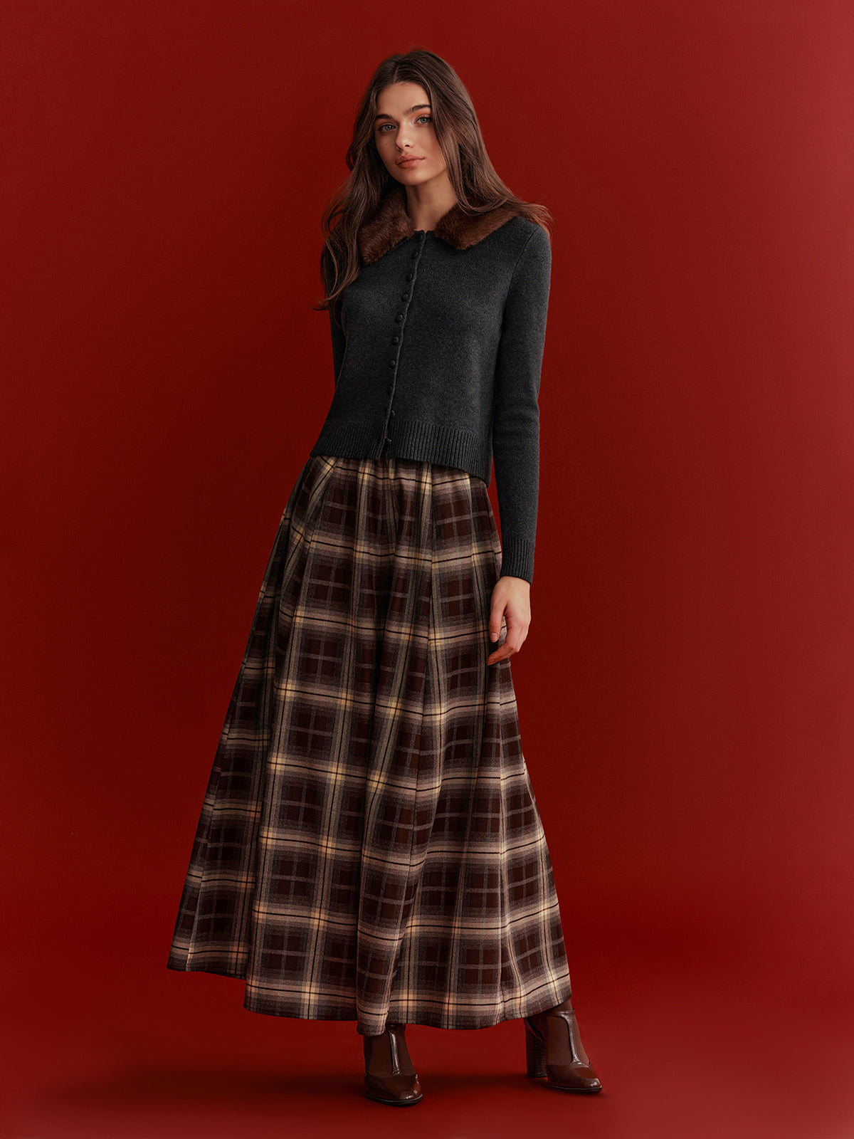 Plaid Flared Maxi Skirt-Chicvia