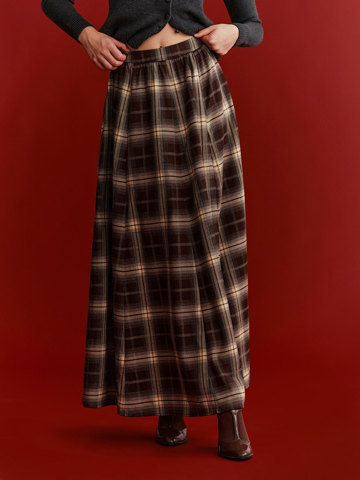Plaid Flared Maxi Skirt-Chicvia