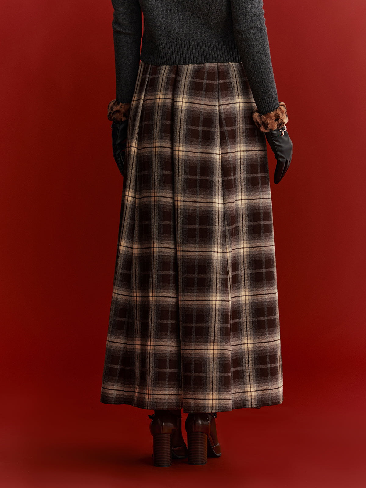 Plaid Flared Maxi Skirt-Chicvia