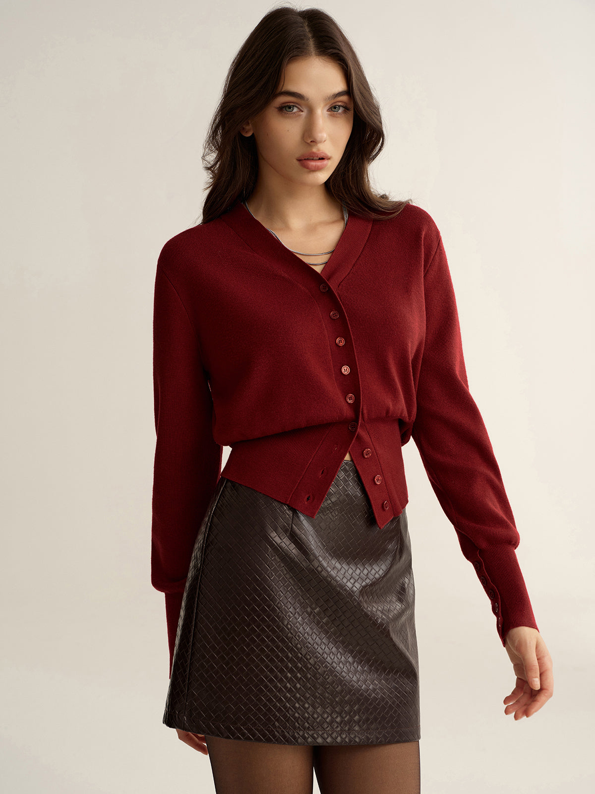 Button-Front V-Neck Cropped Cardigan-Chicvia