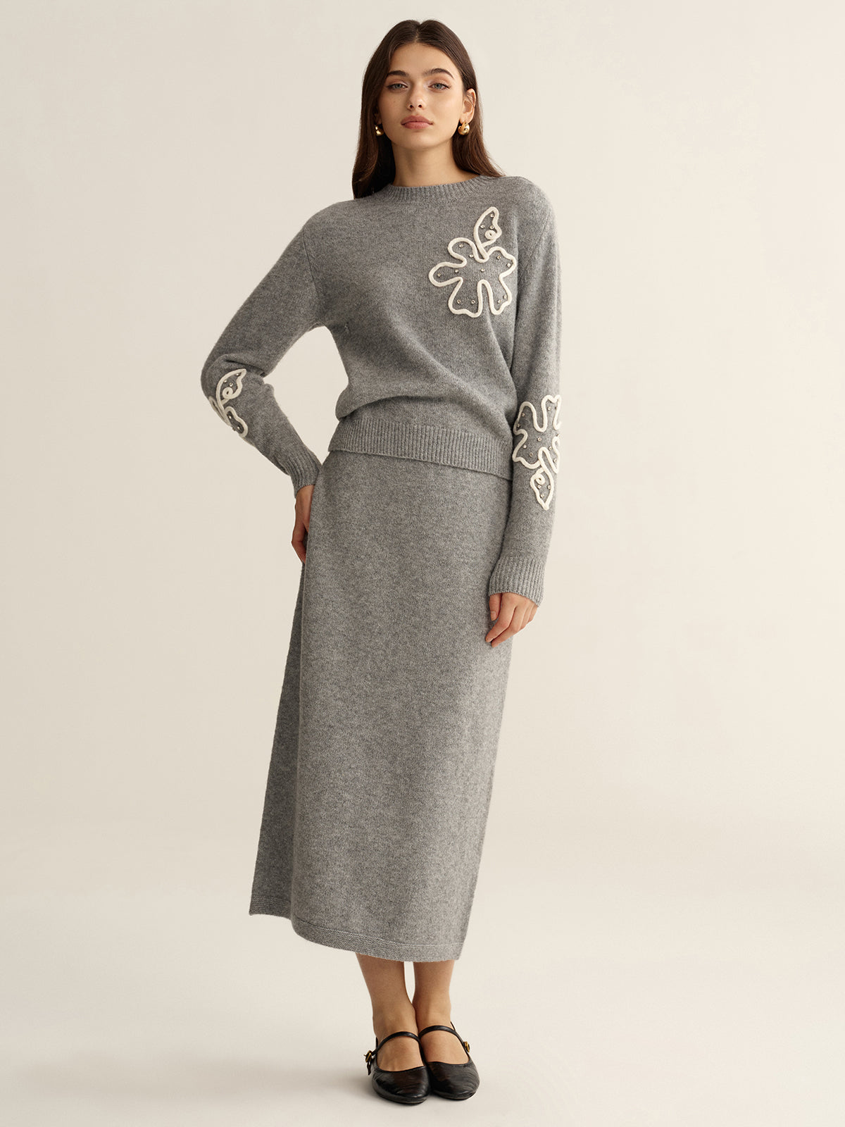 Floral Applique Sweater and Midi Skirt Set-Chicvia
