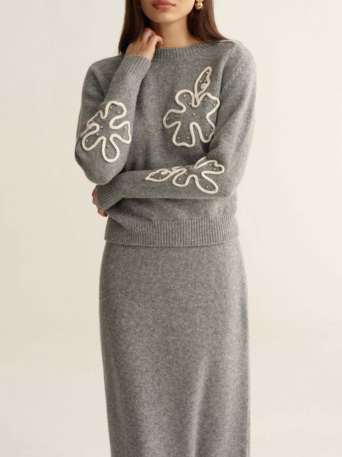 Floral Applique Sweater and Midi Skirt Set-Chicvia