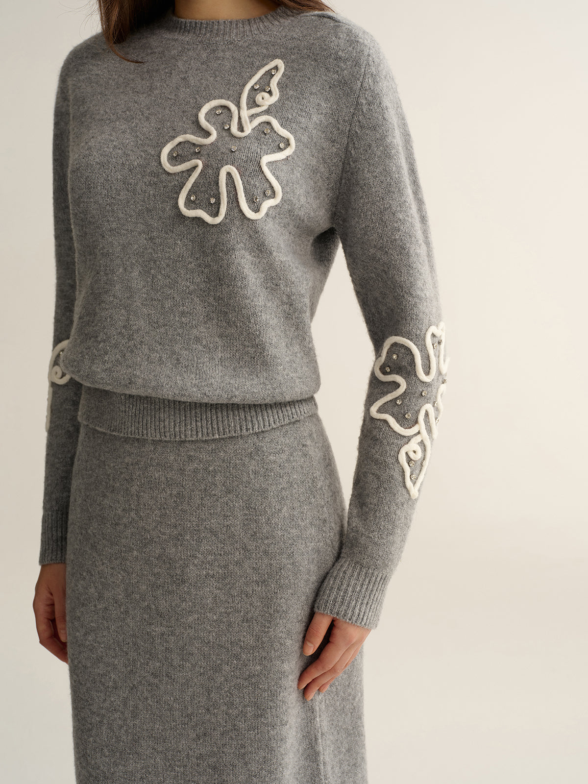 Floral Applique Sweater and Midi Skirt Set-Chicvia