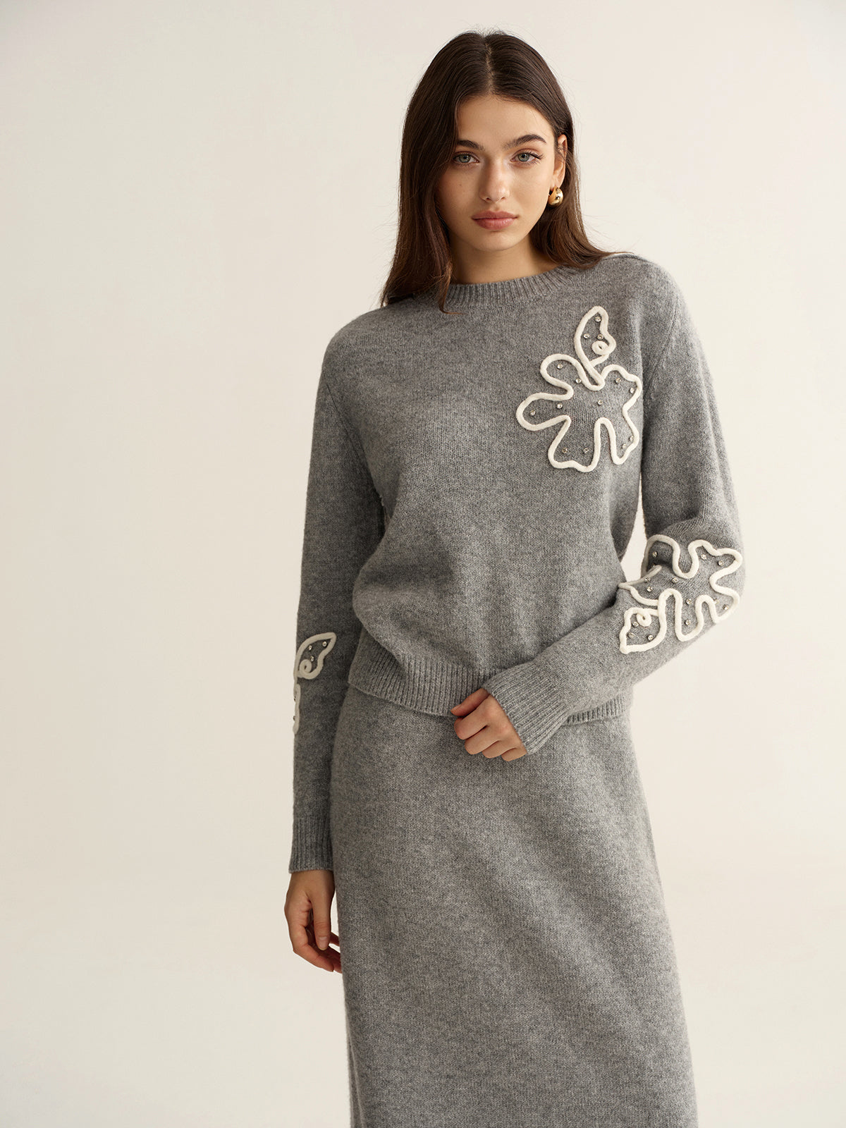 Floral Applique Sweater and Midi Skirt Set-Chicvia