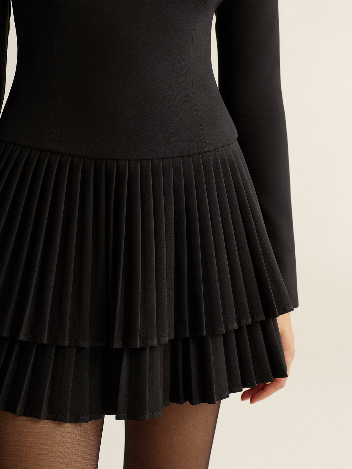 Long Sleeve Tiered Pleated Mini Dress-Chicvia