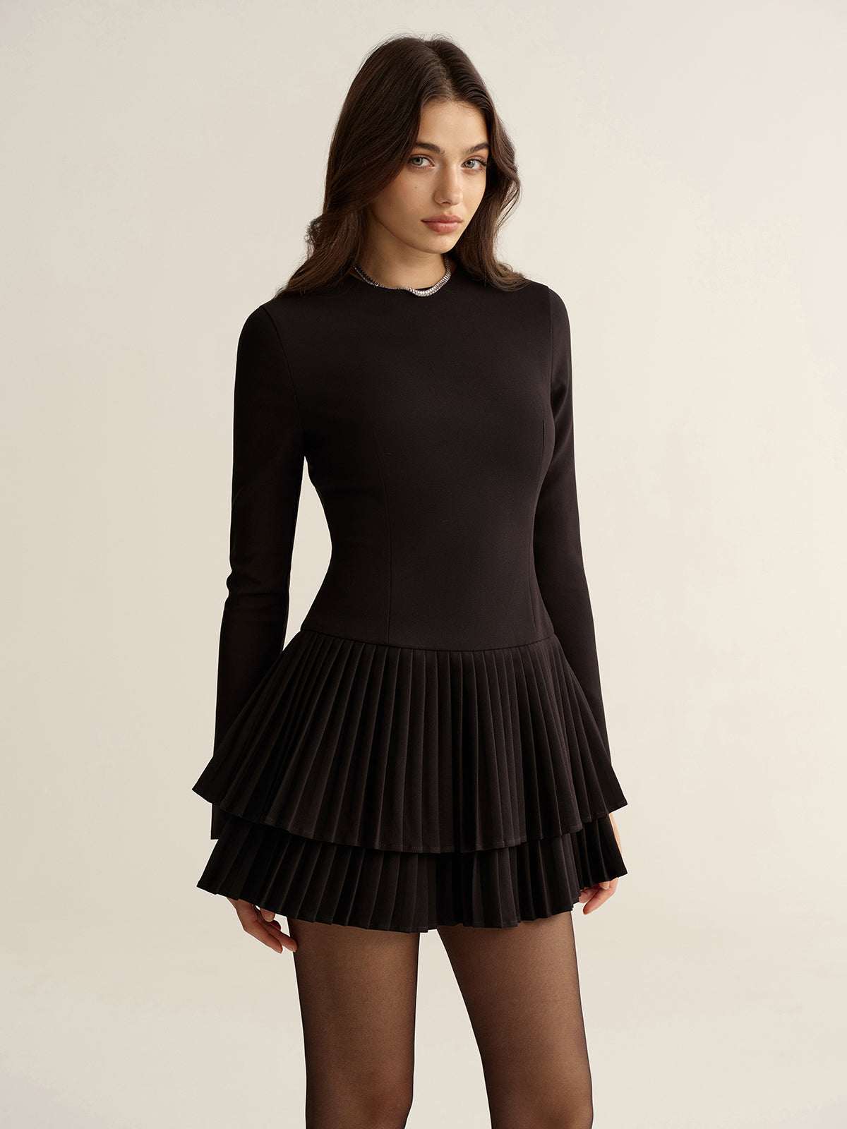 Long Sleeve Tiered Pleated Mini Dress-Chicvia